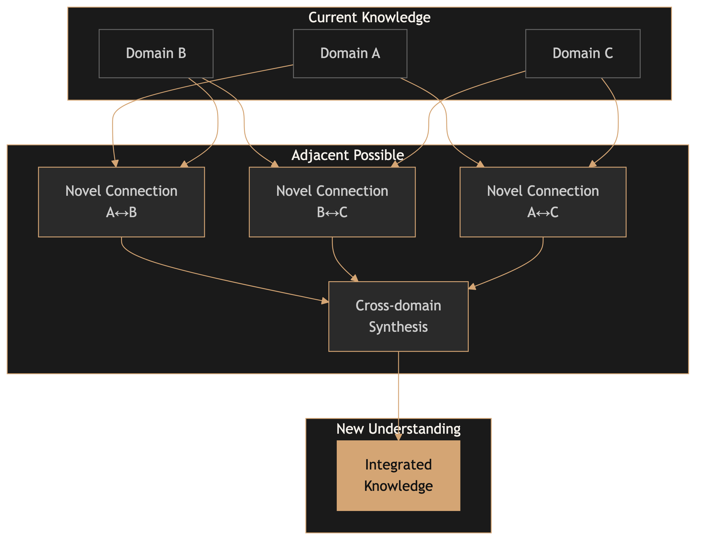Flow diagram showing how separate knowledge domains connect through an adjacent possible region to form integrated knowledge